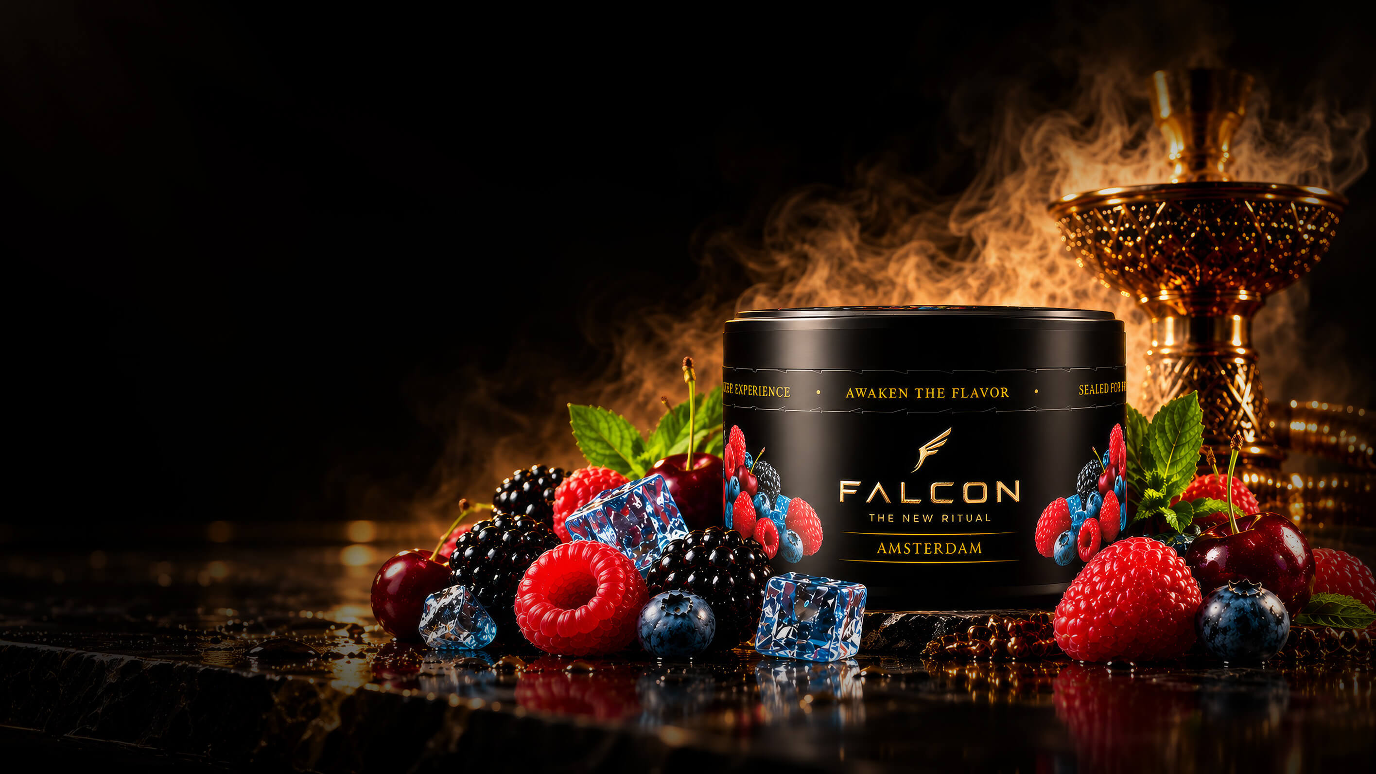 Falcon flavor jar next to a gold hookah with fresh fruits and swirling smoke on a dark background