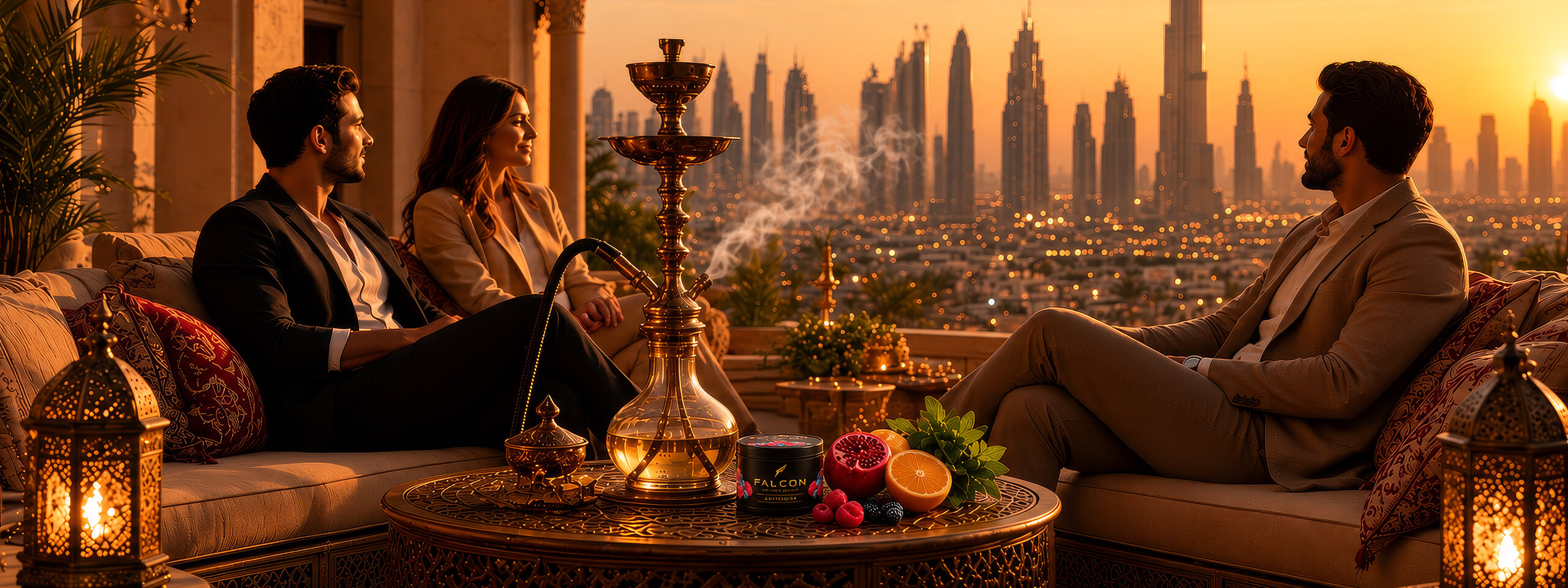 Rooftop lounge terrace with a hookah overlooking the Dubai skyline at sunset