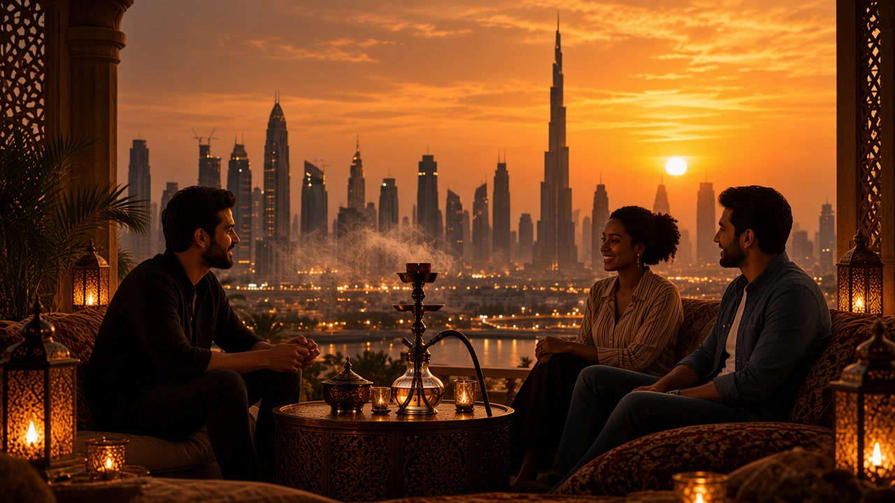 Friends sharing a brass hookah in a warm contemporary lounge
